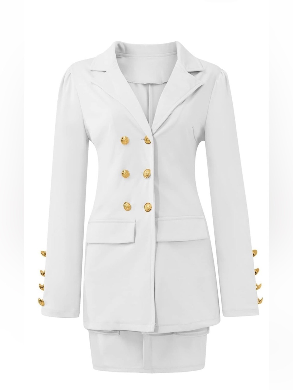 White Double-Breasted Blazer Skirt Set with Gold Buttons Size XXL